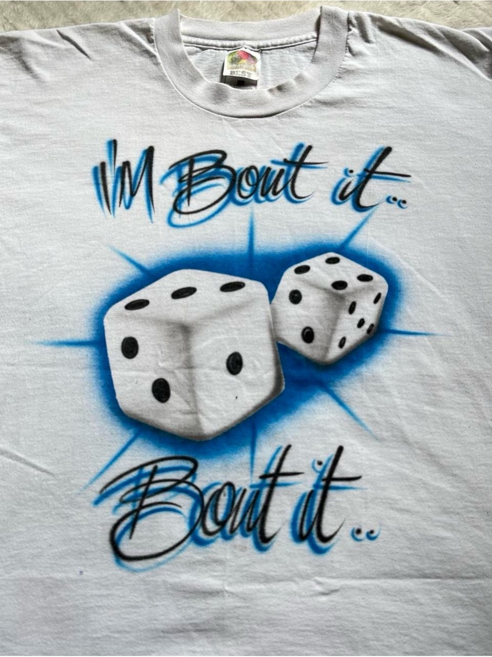 Vintage White "Bout It" Airbrush Dice Graphic T-Shirt L